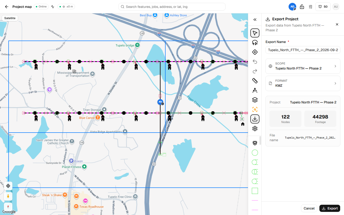 The export drawer open over the project map, with scope, format, node count and footage.