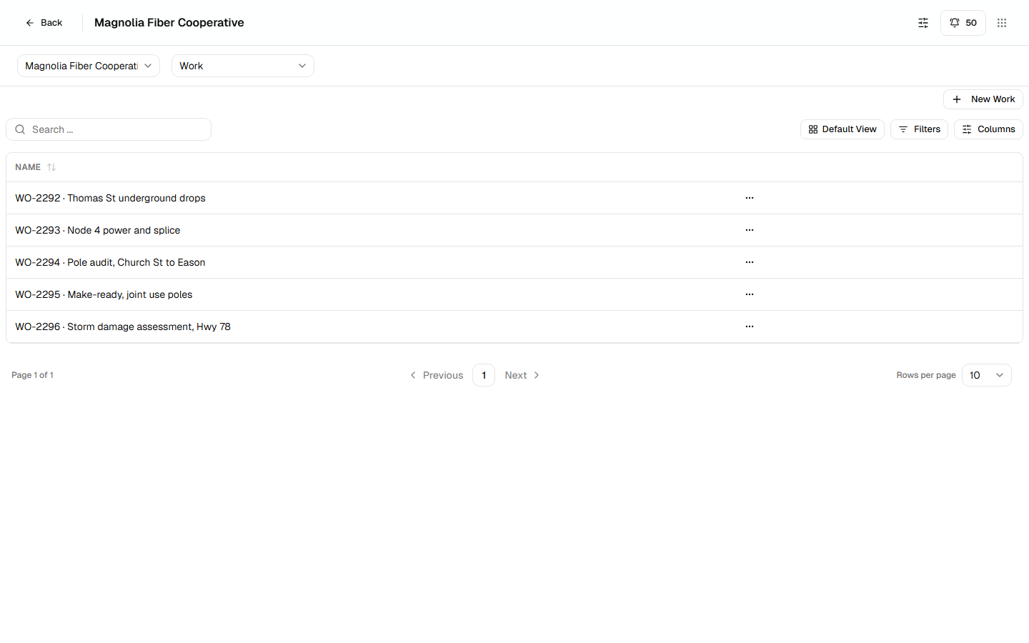 The work list for a client, showing work orders with their own configured fields.